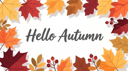 Warm autumn seasonal greeting card with colorful fall foliage border in vibrant shades