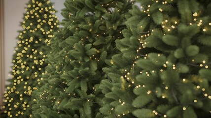 Closeup of christmas trees decorated with string lights for the holidays
