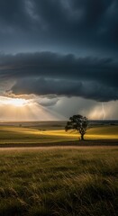 Dramatic Storm over Vast Golden Fields with a Lone Tree and Striking Lightning
