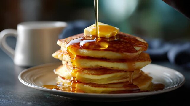 Golden syrup pouring on stack of pancakes with butter for breakfast