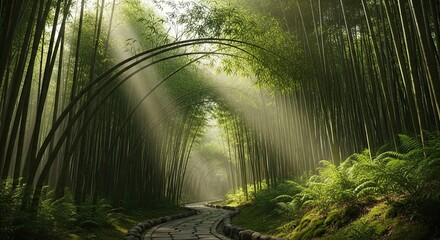 Experience the tranquil beauty of a winding stone path through a mystical bamboo forest, bathed in stunning rays of golden sunlight creating a serene natural escape.