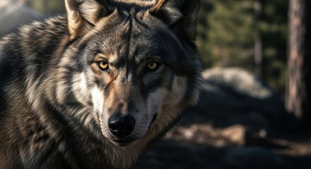 Intense Close up Portrait of a Majestic Gray Wolf with Piercing Yellow Eyes in Nature