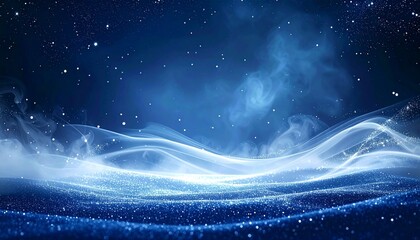 Abstract celestial landscape with swirling lights and starry night sky in shades of blue, dreamy and ethereal