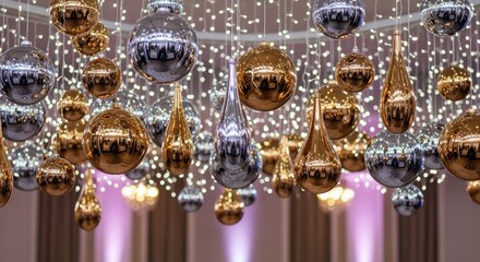 Golden and Silver Christmas Ornaments Hanging with Festive Bokeh Lights