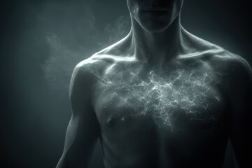 Macro shot of a chest highlighting delicate air currents, illuminated by soft, diffused light, set against a tranquil background for breathwork guidance