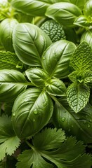Vibrant Green Basil, Mint, and Fresh Herbs with Water Droplets
