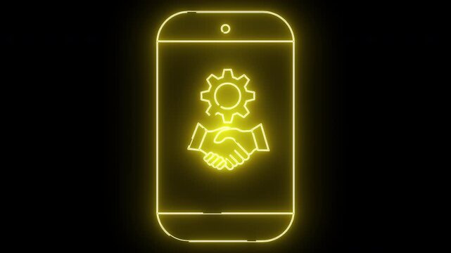 Yellow neon smartphone outline with gear and handshake on black backdrop