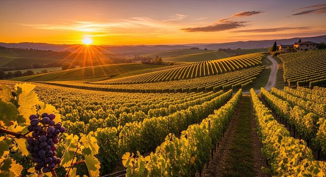 Stunning golden sunset over rolling hills of vineyard with ripe grapes ready for harvest in Italian countryside, perfect for wine tourism and winemaking - Powered by Adobe
