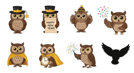 Obraz premium A collection of cute cartoon owls celebrating New Year's Eve with party hats, clocks, and confetti.