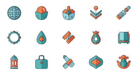A diverse collection of modern flat icons featuring cultural, global, and business symbols in a teal and orange palette.