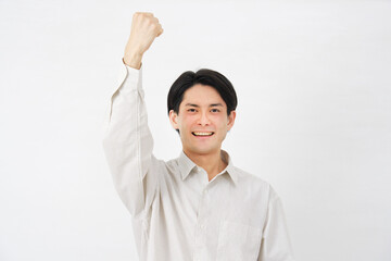 男性　20代　ガッツポーズ　白背景