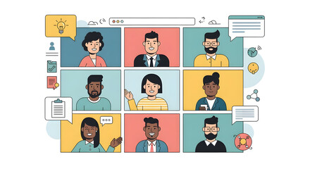 Flat vector illustration of a virtual team meeting showing diverse colleagues communicating online for remote work and collaboration
