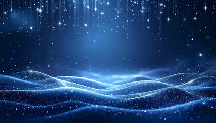 Abstract flowing blue waves and shimmering light particles create a magical and ethereal background for design