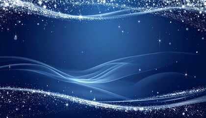 Abstract Blue Swirling Lights with Glittering Snowflakes and Stars on a Dark Background