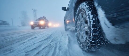 Close-up of a vehicle tire driving on a snowy road with other vehicles in the distance