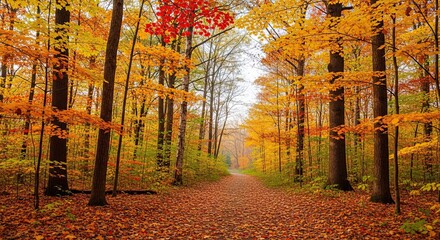 Stunning autumn forest path with vibrant fall foliage creating a peaceful and serene outdoor nature scene perfect for travel inspiration and seasonal backgrounds