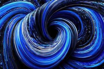 Spiraling blue, black, and white textures flow to a dark center