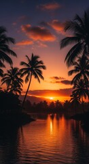 Vibrant Tropical Sunset over Tranquil Water with Silhouetted Palm Trees