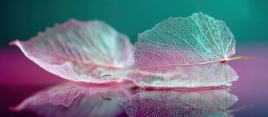 Two translucent leaves, their veins visible, rest against a reflecting surface in pink and green