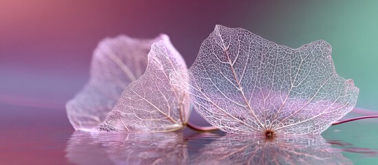 Delicate translucent leaf skeletons reflecting on a surface with gradients of purple and teal