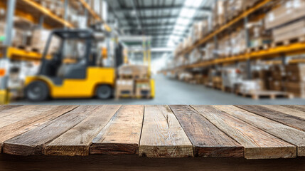Close-up shot of a natural colored wooden table placed in front of a large warehouse filled with shelves and crates, with a forklift lifting the items in the background.