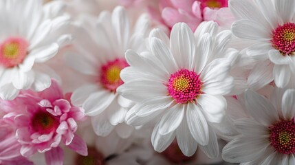Close-up of white and pink daisies with yellow and pink centers in soft focus