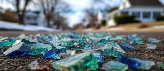 Close-up of colorful glass shards on asphalt road, houses blurred in background