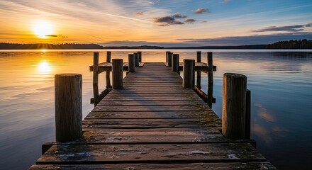 Stunning sunset reflecting on calm lake water viewed from rustic wooden pier for peaceful nature escape and tranquil travel inspiration