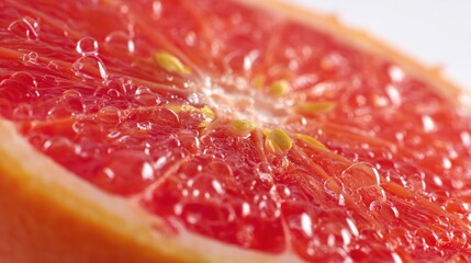 Close-up of a juicy, sliced citrus fruit with water droplets, showcasing vibrant colors