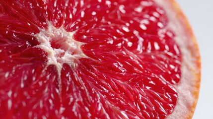 Close-up of a vibrant halved citrus fruit with fleshy segments, bright red hues