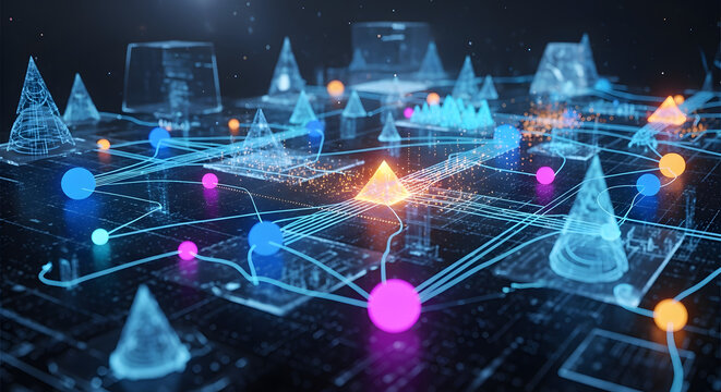 Futuristic Networked Data Visualization of Abstract Digital Shapes with Glowing Spheres and Lines