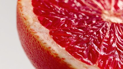 Close-up of a halved citrus fruit, showing the bright red flesh and rind