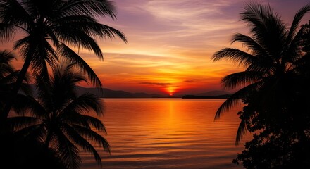 Tropical Sunset with Palm Tree Silhouettes over Calm Ocean Water
