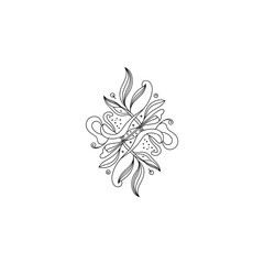 Delicate line drawing of symmetrical floral arrangement with leaves.