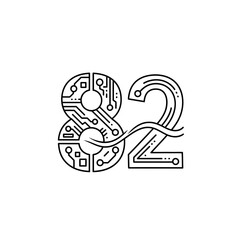 Number 82 with circuit board design and wavy line.