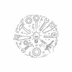 Tools and gears arranged in a circle around a lightbulb.