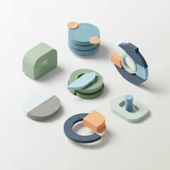 Colorful geometric stacking toys arranged in a circle on a white background.