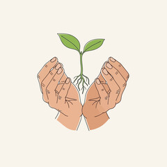 Hands cradling a small plant with roots and green leaves.