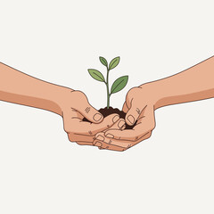 Hands holding soil with a small plant growing.