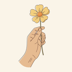 Hand holding a single yellow flower against a plain background.