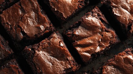 Close-up of many squares of chocolate brownies with crinkled tops, angled for presentation