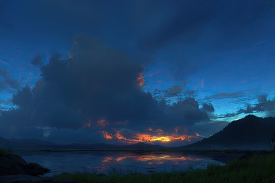 Calm water reflects sunset sky over hills, cloudy vista