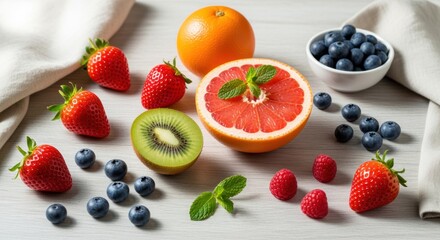 Vibrant Collection of Fresh Strawberries, Blueberries, Grapefruit, and Kiwi