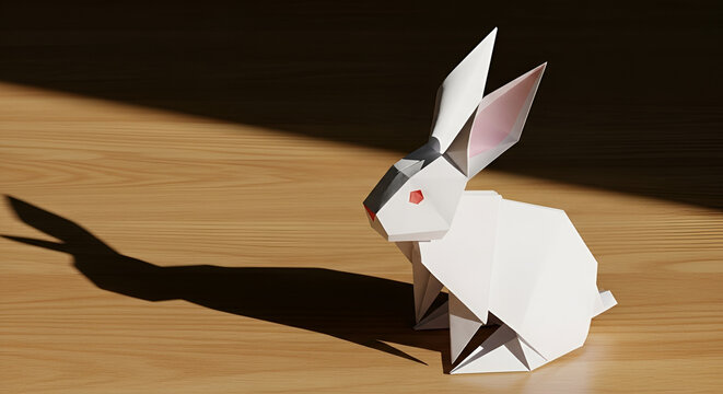 Origami white rabbit with soft shadow on wooden table