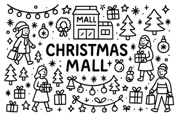 Festive Mall Doodle. Christmas mall. Hand-drawn doodle illustration of Christmas mall. Mall building, string