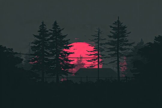 Crimson sun behind trees, silhouette of home and fence in darkness - Powered by Adobe