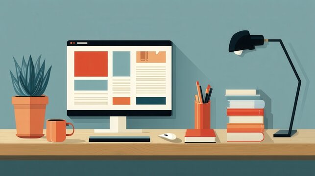 A clean and tidy workspace featuring a computer monitor desk lamp stationery and a potted plant creating a minimalist and productive environment