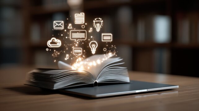 An open book on a wooden desk emanating a soft digital glow and surrounded by various technology related icons symbolizing the power of knowledge innovation