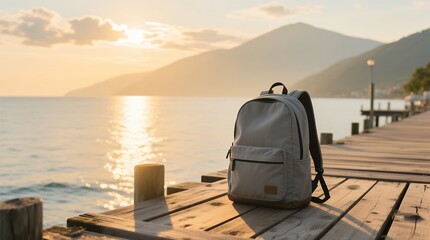 A serene lakeside wooden pier at sunset with a solitary gray backpack near the water under warm
