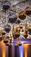 Shimmering Metallic Ornaments with Bokeh Lights for Festive Decoration